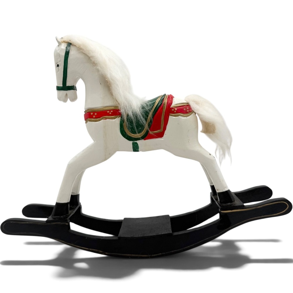 Vintage Wooden Rocking Horse Christmas Decor 12" White Red Green Faux Fur Mane